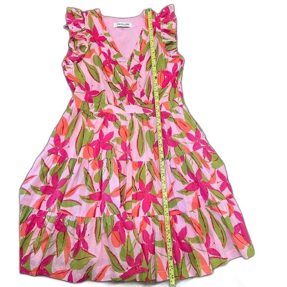 Taylor Lawn Printed Pink Sundress with Flutter Sleeves and V-Neck Large - Picture 4 of 9